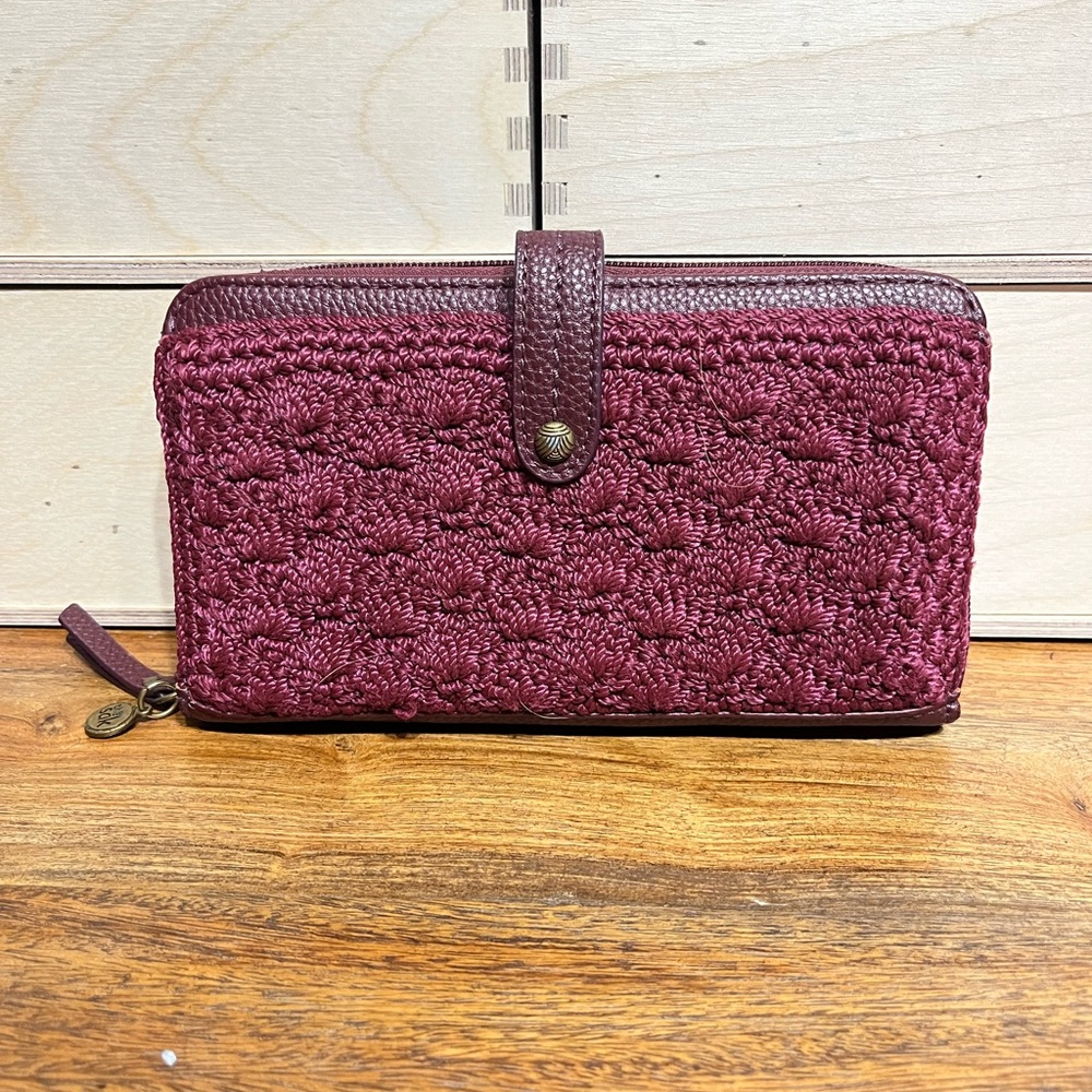 The Sak Crochet and Leather wallet in burgundy